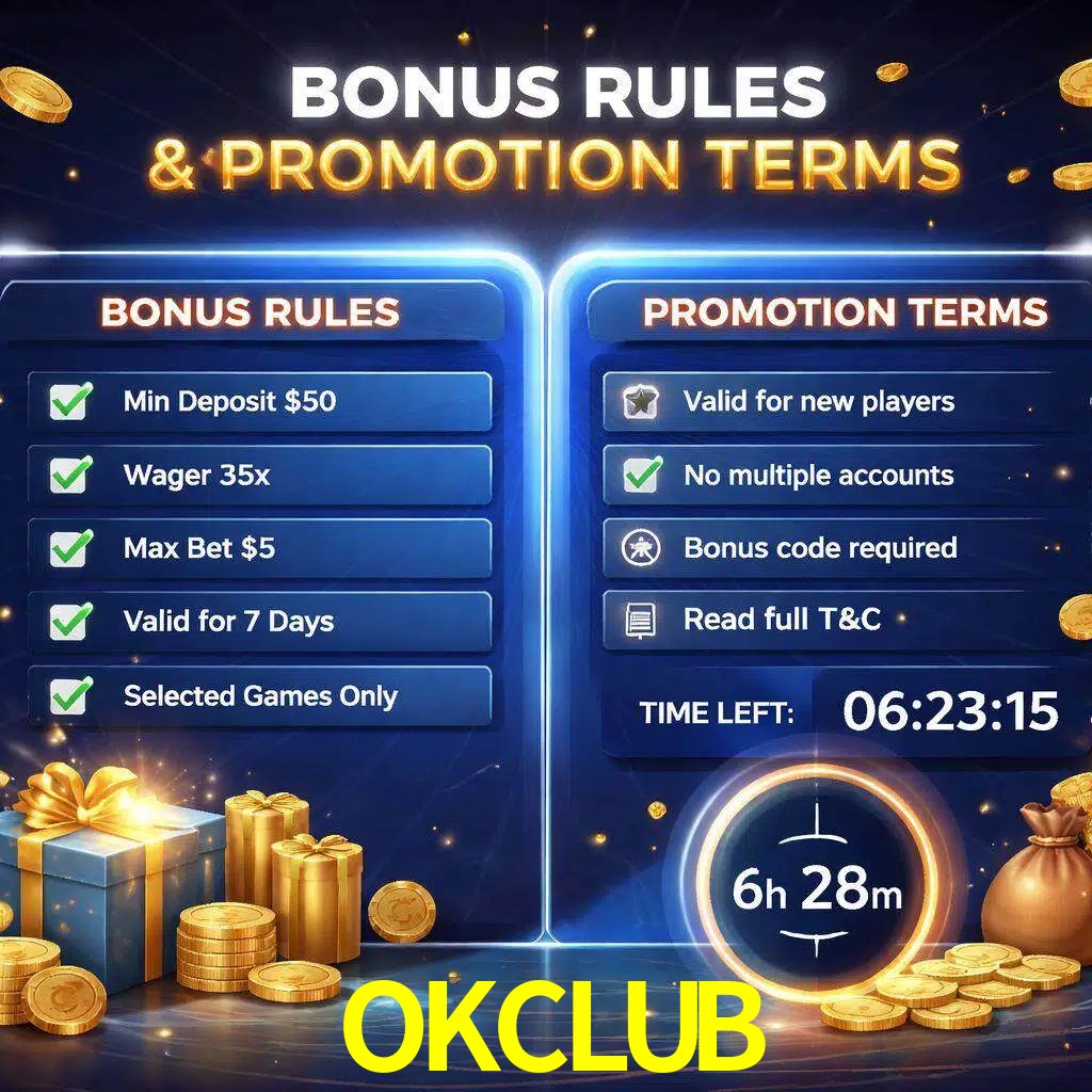 Reglas de promoción OKCLUB y condiciones de bonos explicadas visualmente