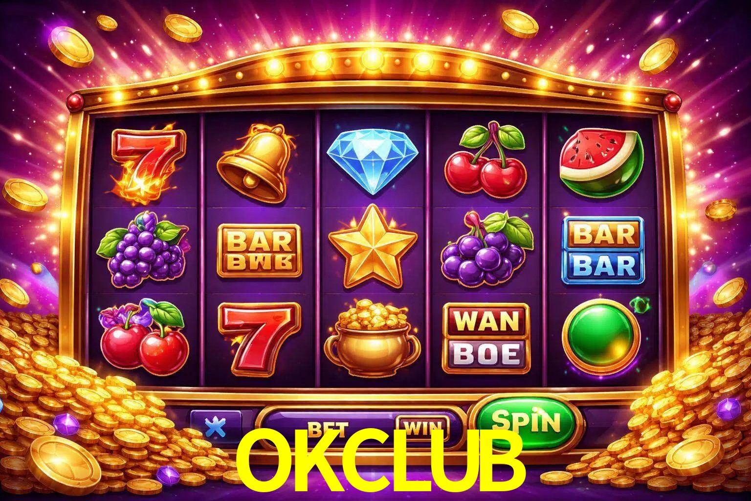 Una interfaz colorida de tragamonedas en línea con símbolos brillantes, monedas y un efecto de victoria celebratoria en OKCLUB.