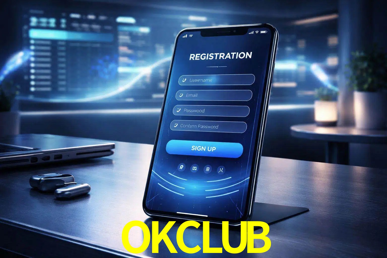 Una interfaz moderna de registro móvil para OKCLUB mostrada en un smartphone con un panel de apuestas elegante.